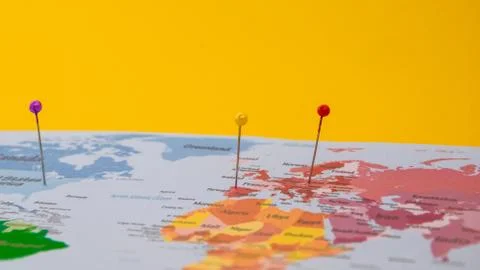 Push pin marked on a map, Locations marked with pins on world map, global com Stock Photos