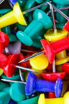 Push pins isolated on white background. colourful push-pin thumbtack tools of Stock Photos