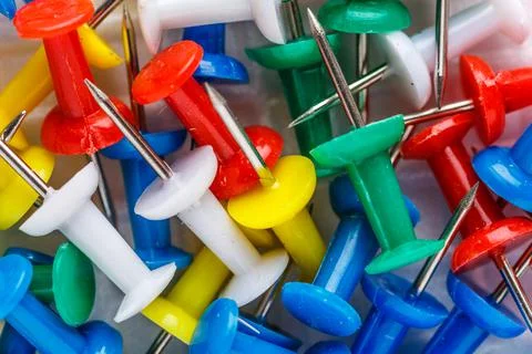 Push pins isolated on white background. colourful push-pin thumbtack tools of Stock Photos