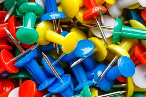 Push pins isolated on white background. colourful push-pin thumbtack tools of Stock Photos