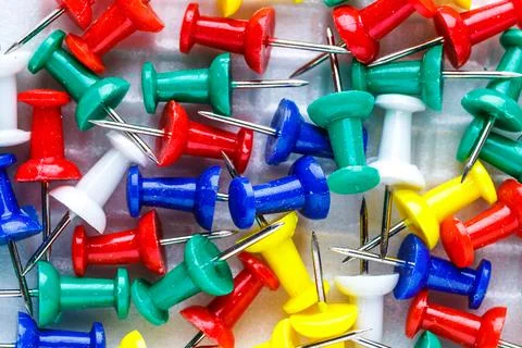 Push pins isolated on white background. colourful push-pin thumbtack tools of Stock Photos