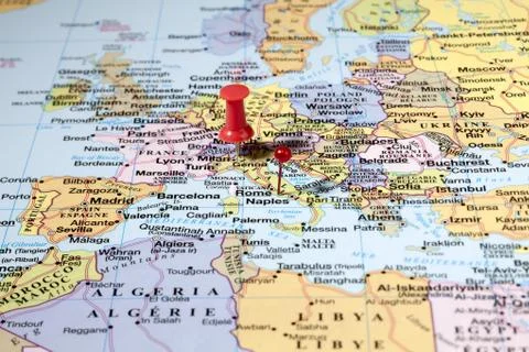 Push pins on map Stock Photos