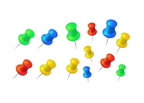 Push pins set. Stationery object, plastic element, tack and needle. Push pins Stock Illustration