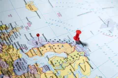 Push pins on world map Stock Photos