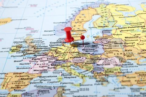 Push pins on world map Stock Photos