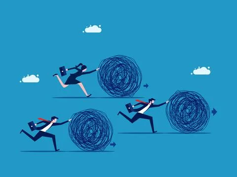 Push problem solving. Businessmen work together to push the chaos problem Illustrazione stock