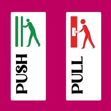 Push pull door signs stickers icons green red colors office entrance direction Illustration