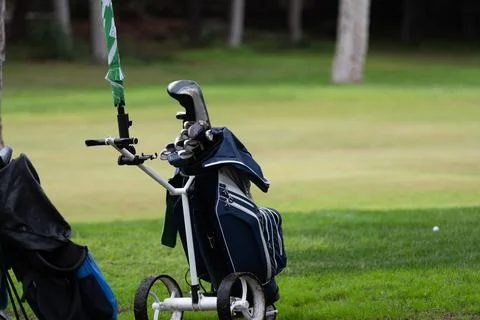 Push-Pull Golf Carts on the field. Green grass, trees. High quality photo Stock Photos