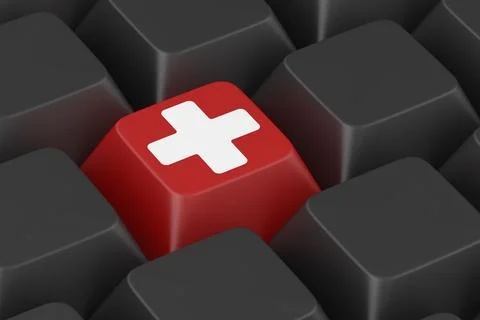 Push red button with white cross. 3D illustration Stock Illustration