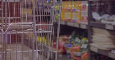 Push sending cart moving down aisle HUDs animating sales data briefly showing 스톡 동영상 321319060