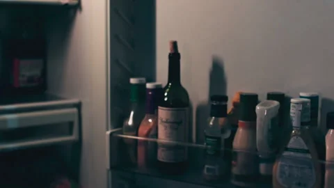 Push-in shot of a open refrigerator with a bottle of wine, USA - Reenactment Stock Footage 236101687