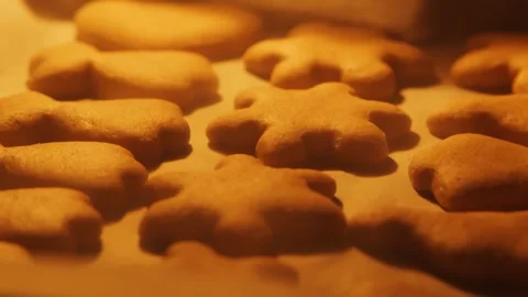 Push-In Shot Over Gingerbread Cookies Baking on Parchment Paper in Oven Video stock 321832383