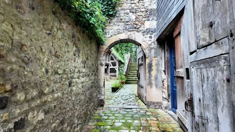 Push-in shot through an iron gate revealing a historic cobbled alleyway. Stockbeeldmateriaal 332860337