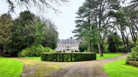 Push-in shot through a wrought-iron gate revealing a majestic French château and Vídeos de archivo 332860306