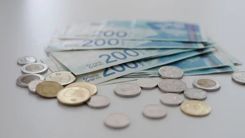 Push in on a stack of Israeli money bills and coins Stock Footage 109481866