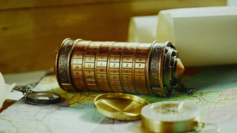 Push Toward Cryptex with Maps and Compass, Treasure Hunt Mystery Setup Stock Footage 334360634