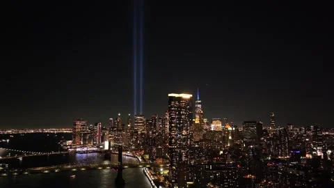 Push in Toward One World Trade Center, 9/11 Tribute in Light on September 11 Stock-Footage 345292938