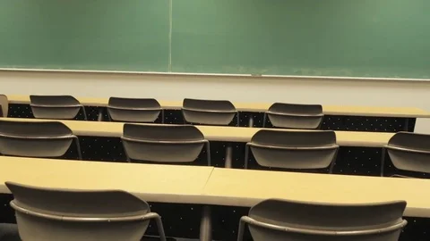 Push in Towards Blackboard over Empty College Desks Stock Footage 80931035
