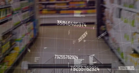 Push-triggered cart handle and basket rolling down aisle, displaying 3D codes Video stock 322706451
