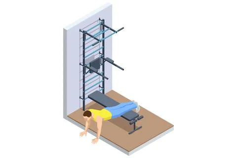 Push-ups. Isometric vector of a man performing push-ups using bench support near Stock Illustration
