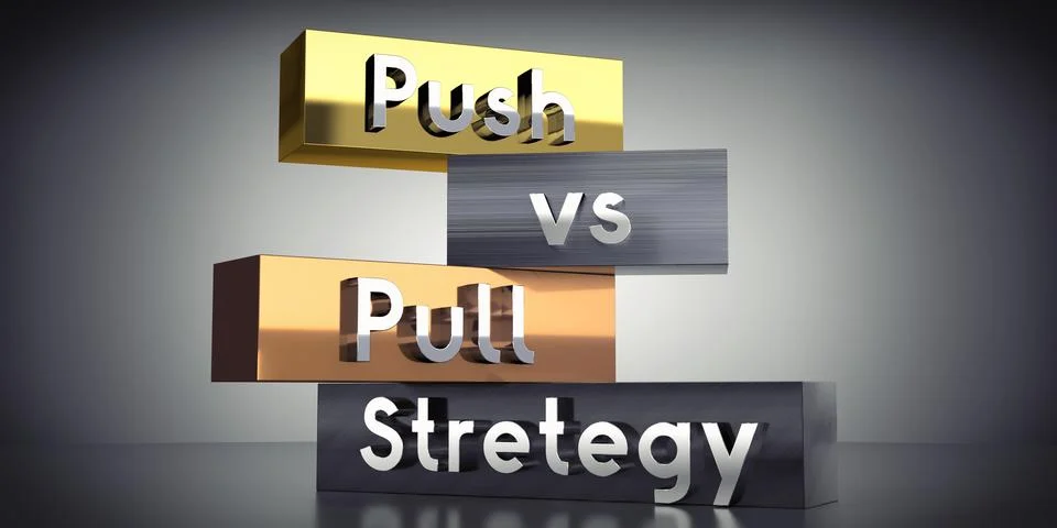 Push vs pull strategy - words on metal blocks - 3D illustration Illustrazione stock