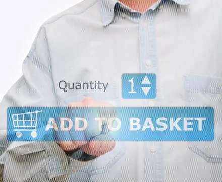 Pushing add to basket button Stock Photos