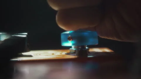 Pushing big blue button with hand Stock Footage 284808130