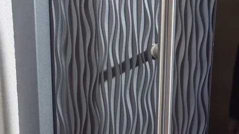 Pushing a button on the front door, then she pushes a handle and the door opens Stock Footage 83910703