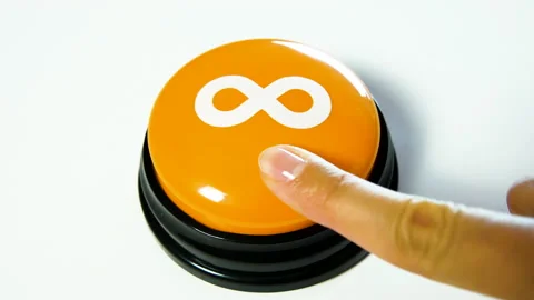 Pushing button with infinity math symbol. Free forever. Lemniscate. No limits. Stock Footage 142063377