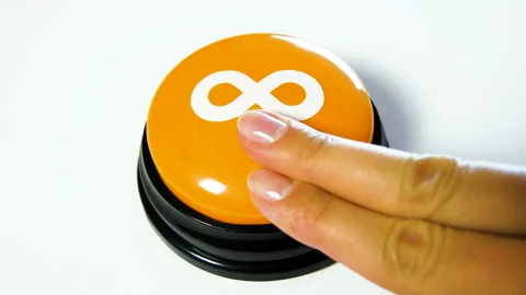 Pushing button with infinity math symbol. Free forever. Lemniscate. No limits. Stock Footage 142063890