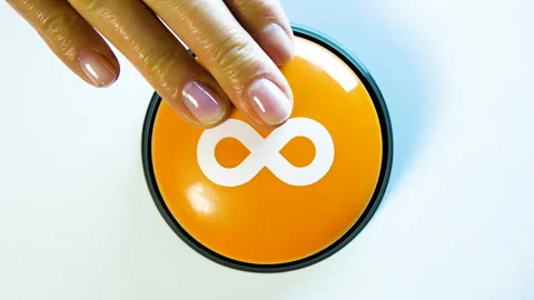Pushing button with infinity math symbol. Free forever. Lemniscate. No limits. Stock Footage 142064258