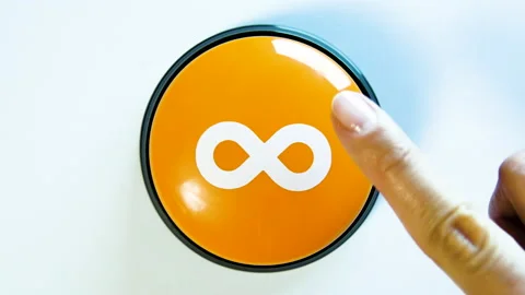 Pushing button with infinity math symbol. Free forever. Lemniscate. No limits. Stock Footage 142064444