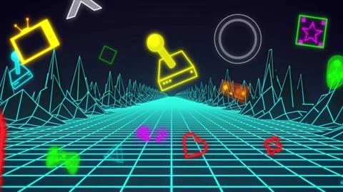 Pushing camera moving cyan grid and floating game icons to horizon in neon Stock Footage 332821977