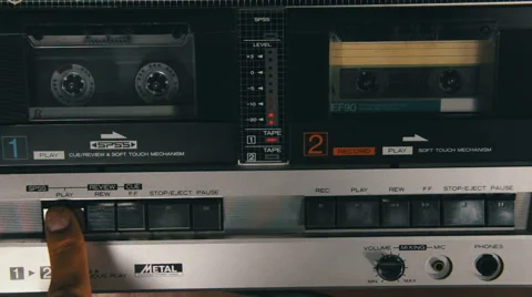 Pushing a Finger Play and Stop Button on a Two Decks Tape Recorder Stock Footage 61950242