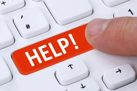 Pushing help button for problem and solution support with computer Stock Illustration