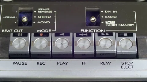 Pushing Play, Stop and Record Button on a Vintage Tape Recorder Video stock 74853221