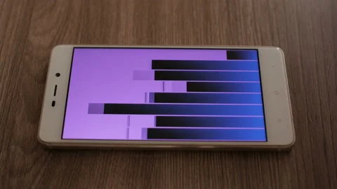 Pushing start stop of music app. Graphic equalizer . Man listens to music thr Stock Footage 113099944