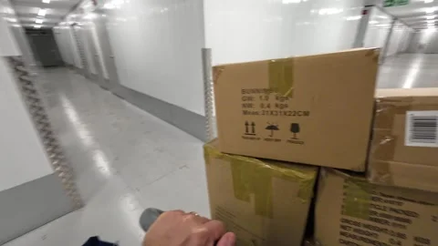 Pushing a storage trolley from a unit to an elevator Stock Footage 247483620