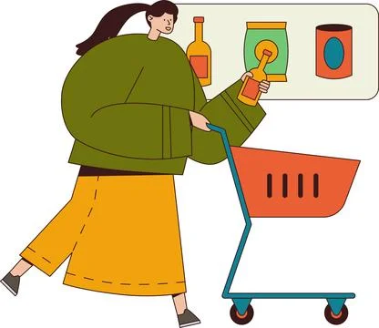 Pushing Trolley Selecting Products in Webscreen Illustration - Digital Stock Illustration
