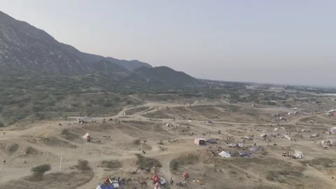 Pushkar Cattle Fair Ground with Camels and Tents and Aravalli Mountains Stock-Footage 321544913