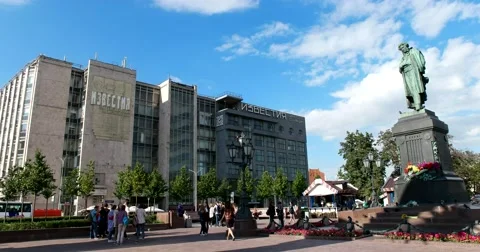 Pushkin monument, Pushkin square, the editors of the newspaper Izvestia, Moscow Stock Footage 67285113