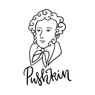 Pushkin sketch linear portrait. Hand drawn Alexander Pushkin face. Line art of Stock Illustration
