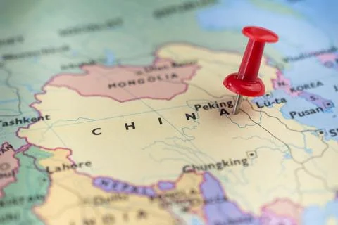 Pushpin marking the location on the China map Stock Photos