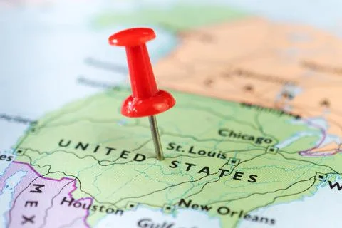 Pushpin marking the location on the USA map Stock Photos