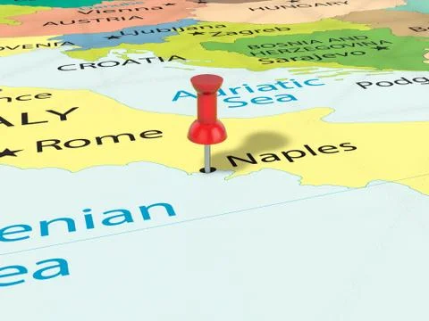 Pushpin on Naples map background. 3d illustration. Stock Illustration