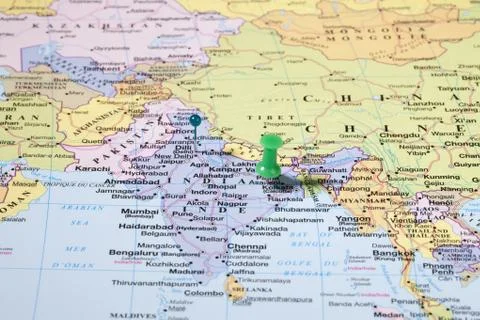 Pushpins on map of asia Stock Photos
