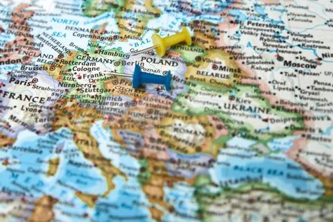 Pushpins on a map with focus on Germany Stock Photos