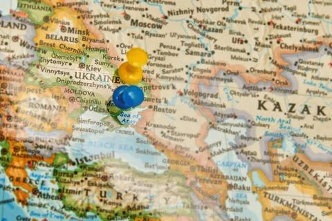 Pushpins on a map with focus on Ukraine Stock Photos