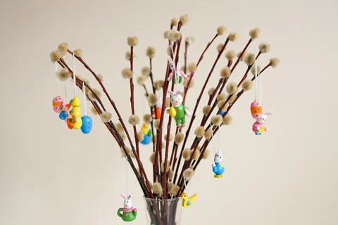 Pussy willow Easter tree with hanging festive ornaments Stock Photos