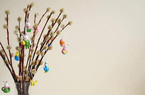 Pussy willow Easter tree with hanging festive ornaments Stock Photos
